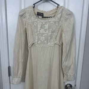 Vtg 70s Victorian Prairie Wedding Gown Lace Dress Romantic Boho Cottagecore S